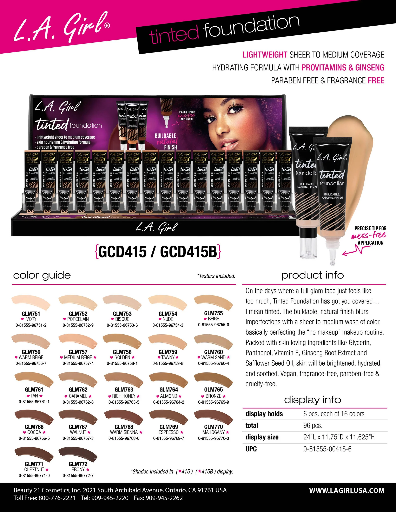 GCD415 - LA GIRL TINTED FOUNDATION (16COLOR, 6PCS/COLOR, 96PCS TOTAL) w/ ACRYLIC DISPLAY
