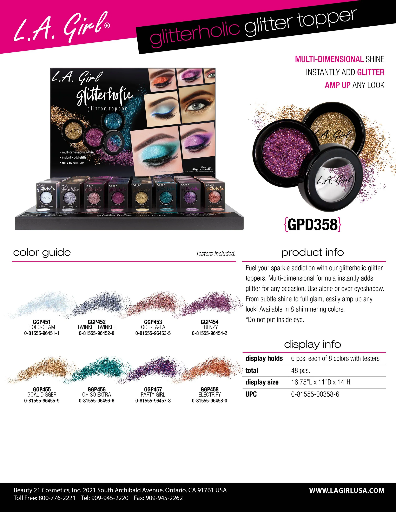 GPD358 - LA GIRL GLITTERHOLIC GLITTER TOPPER (8COLOR, 6PCS/COLOR, 48PCS TOTAL) w/ DISPLAY