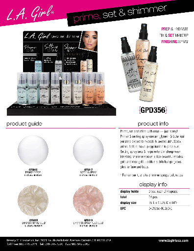 GPD356 - LA GIRL PRIME SET & SHIMMER SPRAY (4SPRAY, 6PCS/SPRAY, 24PCS TOTAL) w/ DISPLAY