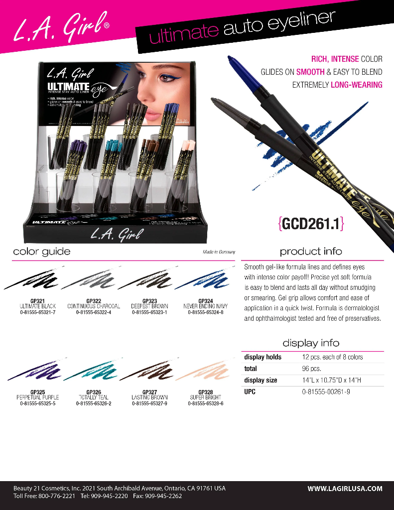 GPD531 - LA GIRL ULTIMATE AUTO EYELINER (8COLOR, 12PCS/COLOR, 96PCS TOTAL) w/ ACRYLIC DISPLAY