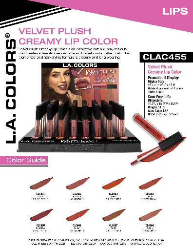 CLAC455 - LA COLOR VELVET PLUSH CREAMY LIP COLOR (8COLOR, 6PCS/COLOR, 48PCS TOTAL) w/ DISPLAY