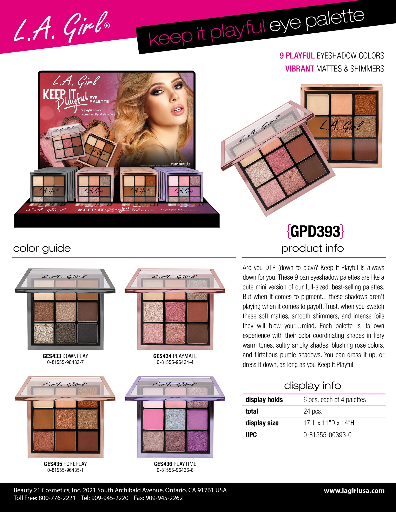 GPD393 - LA GIRL KEEP IT PLAYFUL EYE PALETTE (4SHADES, 6PCS/SHADE, 24PCS TOTAL) w/ DISPLAY