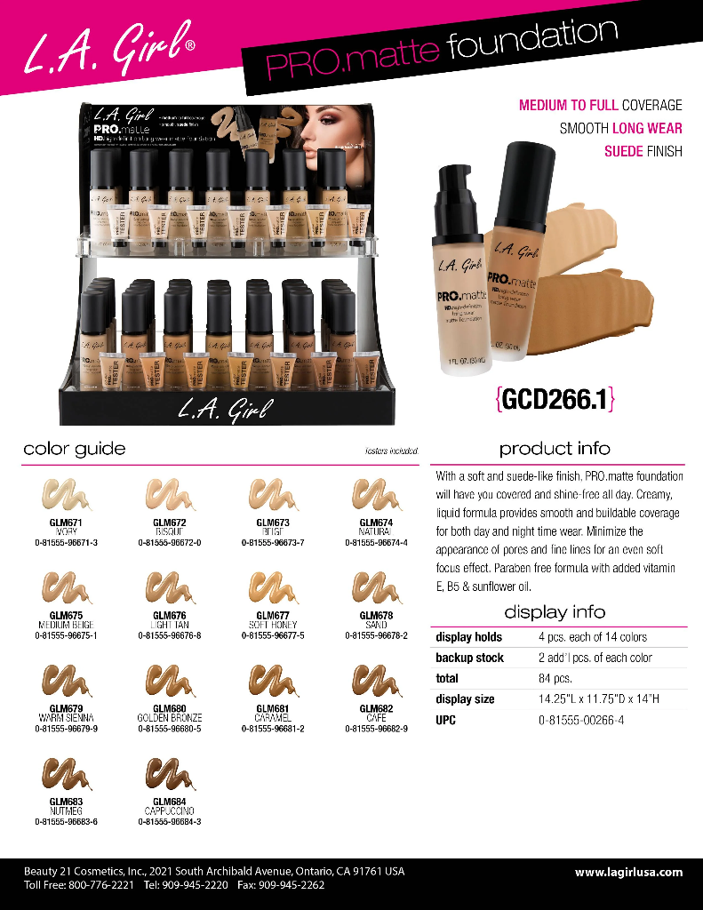 GCD266.1 - LA GIRL PRO MATTE FOUNDATION (14COLOR, 6PCS/COLOR, 84PCS) w/ ACRYLIC DISPLAY