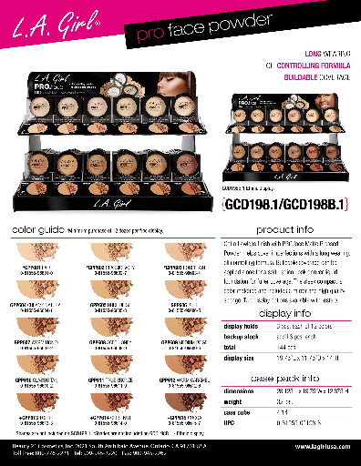 GCD198.1 - LA GIRL HD PRO FACE POWDER (12COLOR, 12PCS/COLOR, free tester, 144PCS TOTAL) w/ ACRYLIC DISPLAY