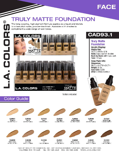 CAD93.1-LA COLOR TRULY MATTE FOUNDATION (9pcs/color,14colors,126PC) w/ ACRYLIC DISPLAY