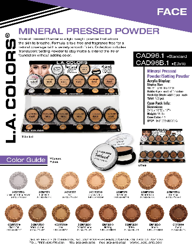 CAD96.1 - LA COLOR MINERAL PRESSED POWDER (12COLOR, 9PCS/ COLOR, 108PCS TOTAL) w/ ACRYLIC DISPLAY