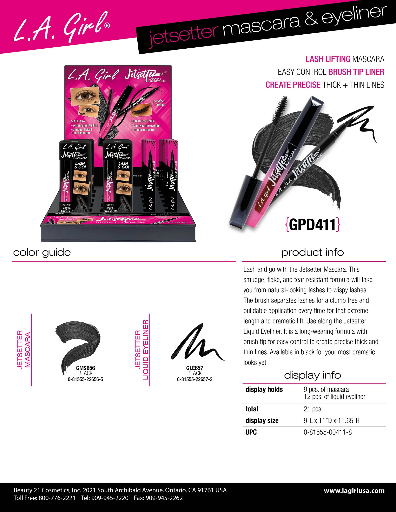 GPD411 - LA GIRL JETSETTER MASCARA & LIQUID EYELINER (9PCS OF MASCARA, 12PCS OF EYELINER, 21PCS TOTAL) w/ DISPLAY