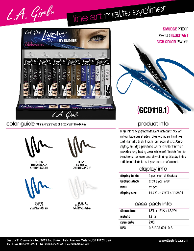 GCD119.1 - LA GIRL LINE ART MATTE EYELINER (6COLORS, 12PCS/COLOR, 72PCS TOTAL) w/ DISPLAY