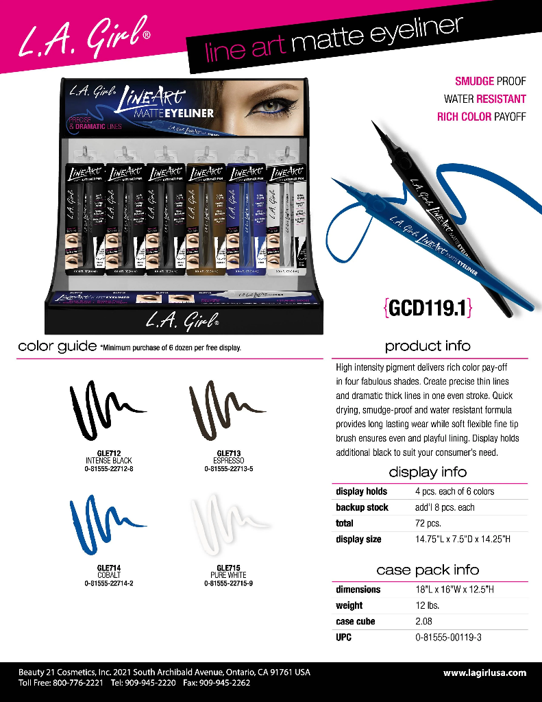 GCD119.1 - LA GIRL LINE ART MATTE EYELINER (6COLORS, 12PCS/COLOR, 72PCS TOTAL) w/ DISPLAY