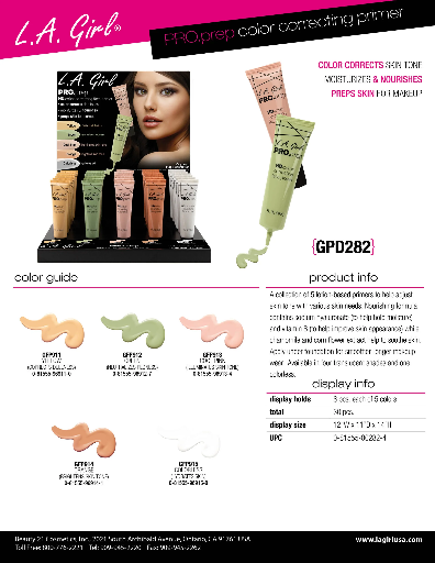 GPD282 - LA GIRL PRO PREP COLOR CORRECTING PRIMER (5COLOR, 6PCS/COLOR, 30PCS TOTAL) w/ DISPLAY