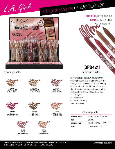 GPD421 - LA GIRL SHOCKWAVE NUDE LIPLINER SET (12pcs/color, 8color, 96PCS TOTAL) w/  DISPLAY