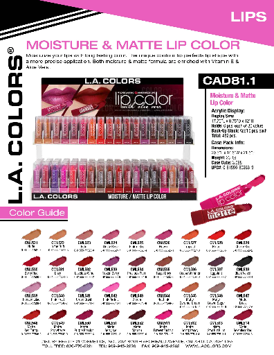 CAD81.1 - LA COLOR MOISTURE & MATTE LIP COLOR (36COLOR, 12PCS/COLOR, 432PCS TOTAL) w/ ACRYLIC DISPLAY