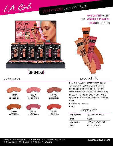 GPD456 - LA GIRL SOFT MATTE CREAM BLUSH (6COLOR, 6PCS/COLOR, 36PCS TOTAL) w/ DISPLAY