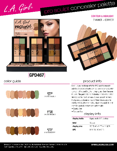 GPD467 - LA GIRL PRO SCULPT CONCEALER PALETTE (3COLORS, 6PCS/COLOR, 18PCS TOTAL) w/ DISPLAY