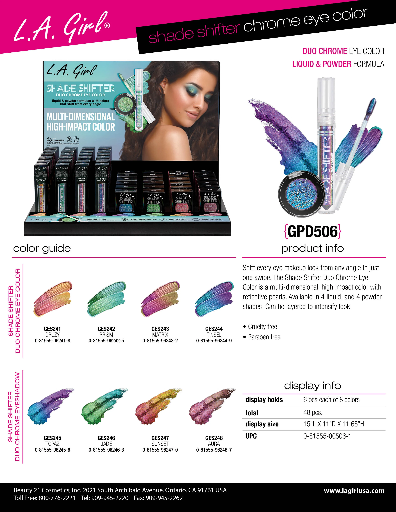 GPD506 - LA GIRL SHADE SHIFTER DUO CHROM EYE COLOR (8COLOR, 6PCS/COLOR, 48PCS TOTAL) w/ DISPLAY