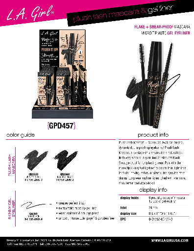 GPD457- LA GIRL PLUSH LASH MASCARA & GEL LINER (6PCS OF 2 COLORS OF MASCARA, 12PCS OF GEL EYELINER, 24 PCS TOTAL) w/ DISPLAY