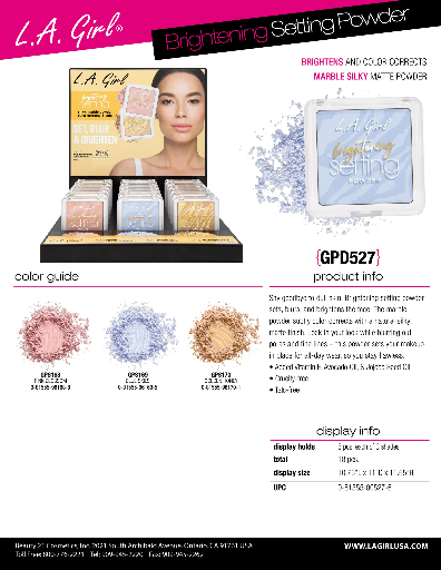 GPD527 - LA GIRL BRIGHTENING SETTING POWDER (3COLOR, 6PCS/COLOR, 18PCS TOTAL) w/ DISPLAY