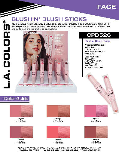 CPD526 - LA COLOR BLUSHIN DUO BLUSH STICK (6COLOR, 6PCS/COLOR, 36PCS TOTAL) w/ DISPLAY