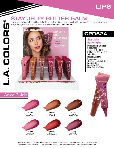 CPD524 - LA COLOR STAY JELLY SHEER BUTTER BALM (6COLOR, 6PCS/COLOR, 36PCS TOTAL) w/ DISPLAY