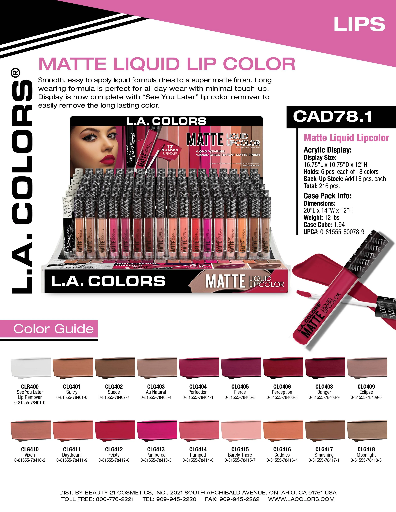 CAD78.1 - LA COLOR MATTE LIQUID LIP COLOR (18COLOR, 12PCS/COLOR, 216PCS TOTAL) w/ ACRYLIC DISPLAY