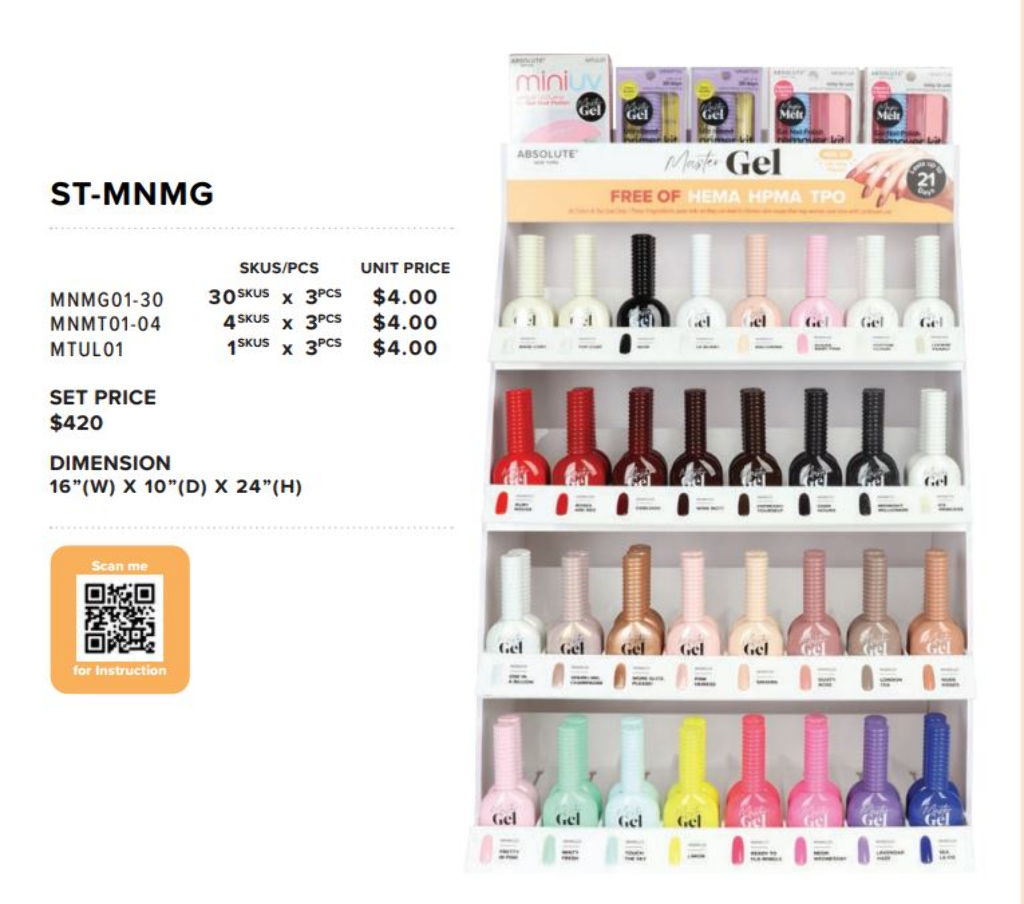 SET FOR MASTER GEL NAIL POLISH (32 COLORS & MINI UV LAMP, 3PCS/ITEM, 105PCS TOTAL) w/ ACRYLIC DISPLAY