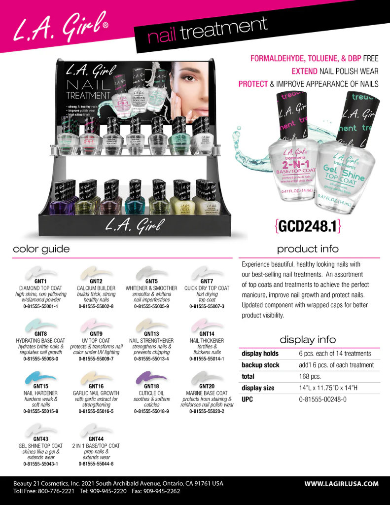 GCD248.1 - LA GIRL NAIL TREATMENT SET (14TYPES, 12PCS/TYPE, 168PCS TOTAL) w/ ACRYLIC DISPLAY