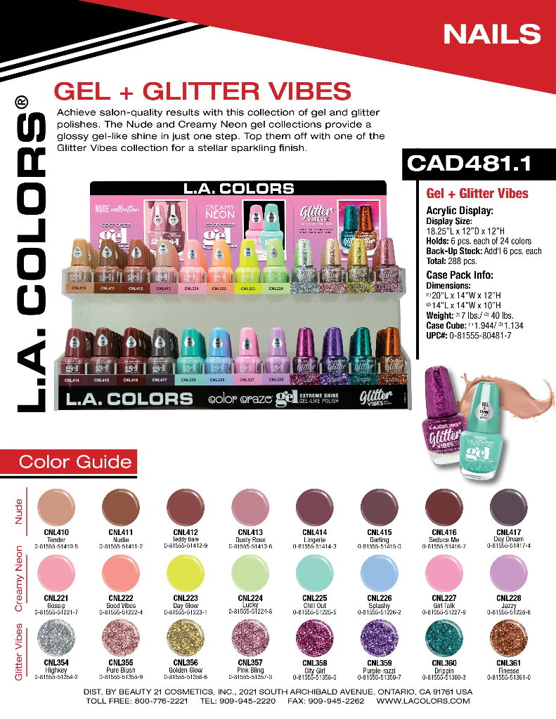 CAD481.1 - LC GEL + GLITTER VIBES NAIL POLISH SET (24COLORS, 12PCS/COLOR, TOTAL 288PCS) w/ ACRYLIC DISPLAY
