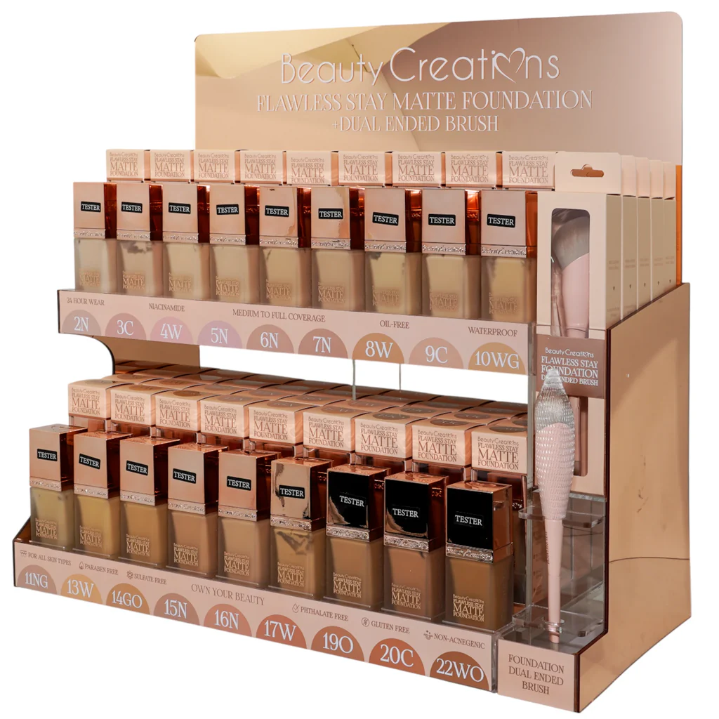 FS MATTE LIQUID FOUNDATION DISPLAY SET (18 SHADES X 5PCS/SHADE + 5 DUAL END BRUSH) FREE TESTERS w/ ACRYLIC DISPLAY