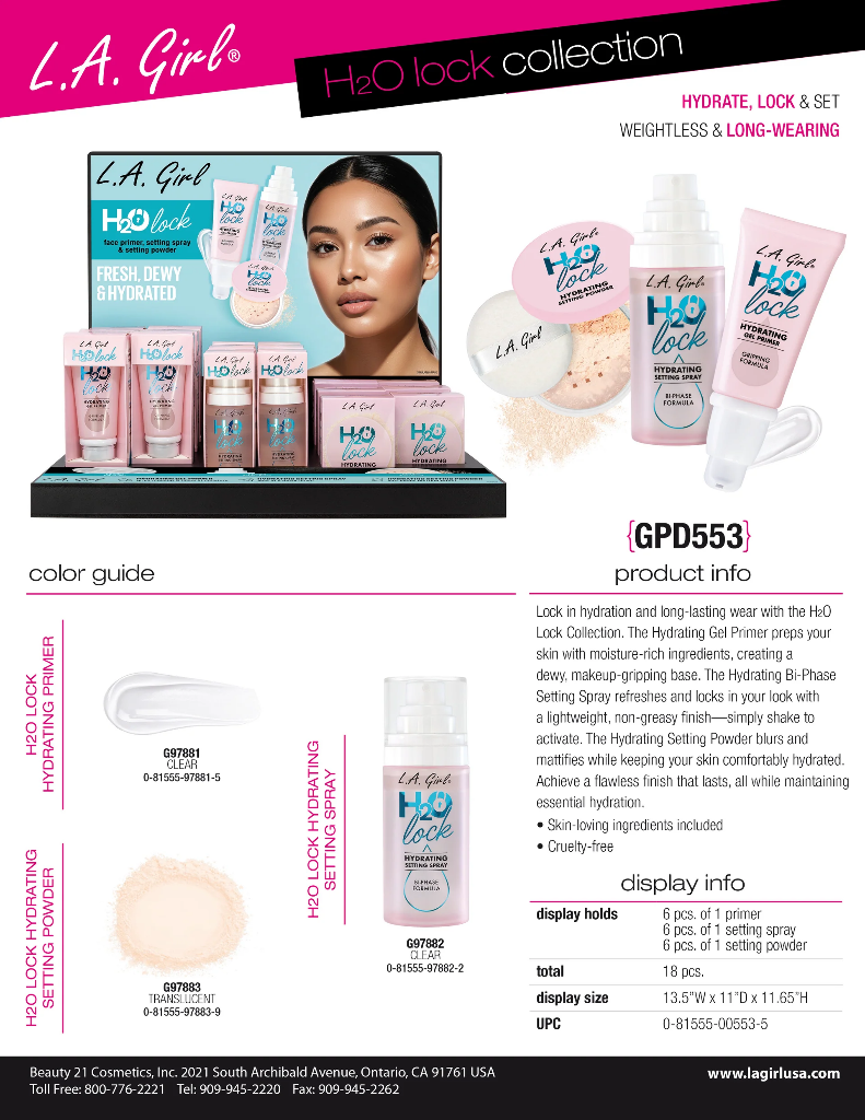 H2O LOCK - HYDRATING PRIMER, SETTING SPRAY, SETTING POWDER (3ITEMS, 6PCS/ITEM, 18PCS TOTAL) w/ DISPLAY