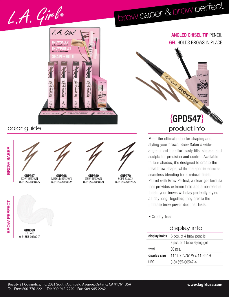 BROW SABER + BROW PERFECT (4COLOR, 1 STYLING GEL, 6PCS/EACH, 30PCS TOTAL) w/ DISPLAY