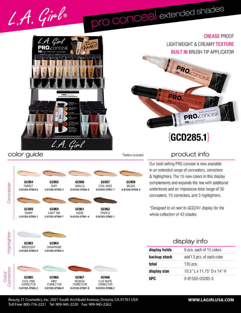 GCD285.1 - LA GIRL PRO CONCEALER EXTENDED SHADES (15COLOR, 9PCS/COLOR, 135PCS TOTAL) w/ ACRYLIC DISPLAY