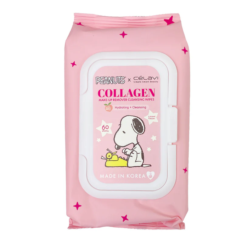 PEANUTS COLLAGEN MAKEUP REMOVER CLEANSING WIPES HYDRATING AND CLEANSING - WHITE PEACH