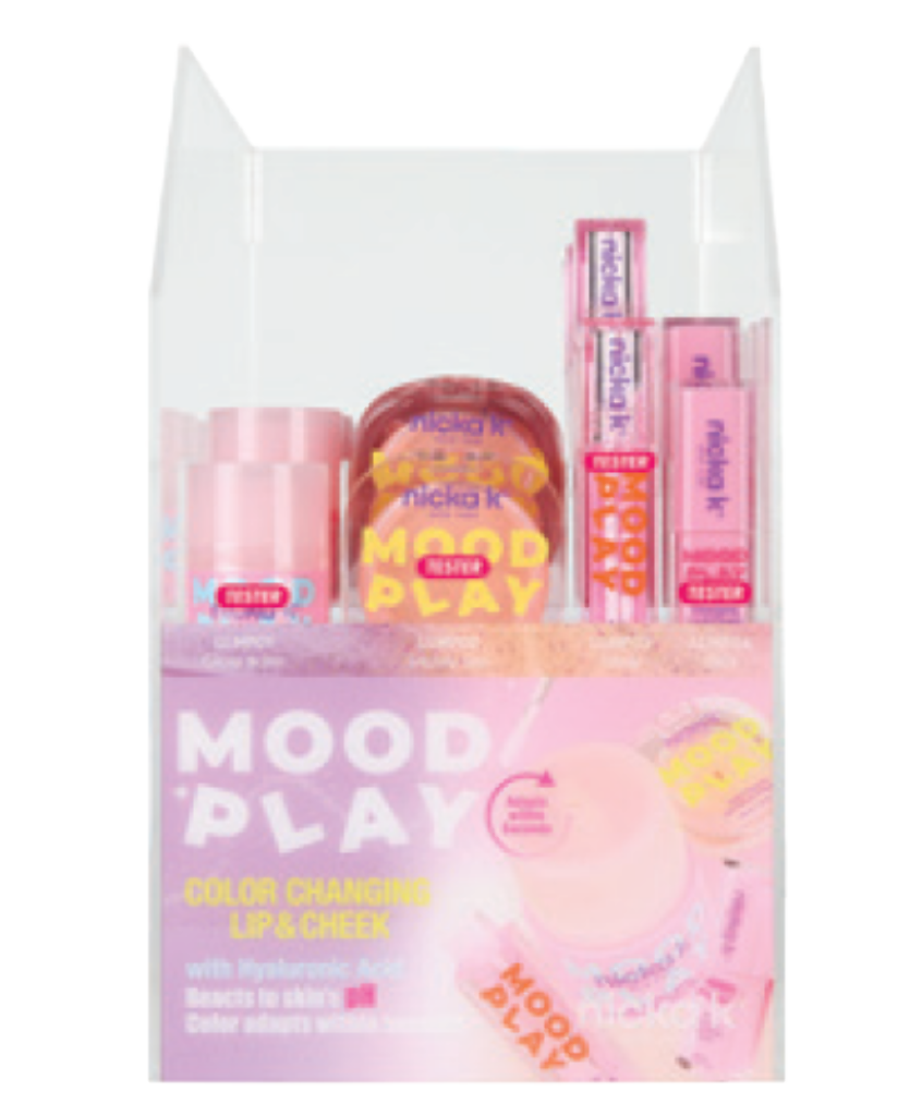MOOD PLAY COLOR CHANGING LIP & CHEEK (4TYPES, 6PCS/TYPE, 24PCS TOTAL + free testers) w/ ACRYLIC DISPLAY
