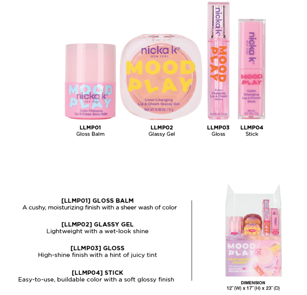 MOOD PLAY COLOR CHANGING LIP & CHEEK (4SKU, 6PCS/SKU, 24PCS TOTAL + free testers) w/ ACRYLIC DISPLAY