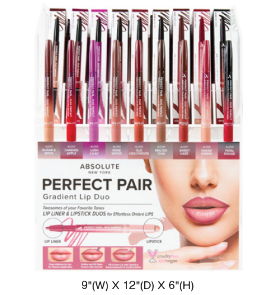 ABNY - PERFECT PAIR GRADIENT LIP DUO [LIPSTICK/LIPLINER] (9SKUS, 6PCS/SKU, 54PCS TOTAL + Testers) w/ ACRYLIC DISPLAY