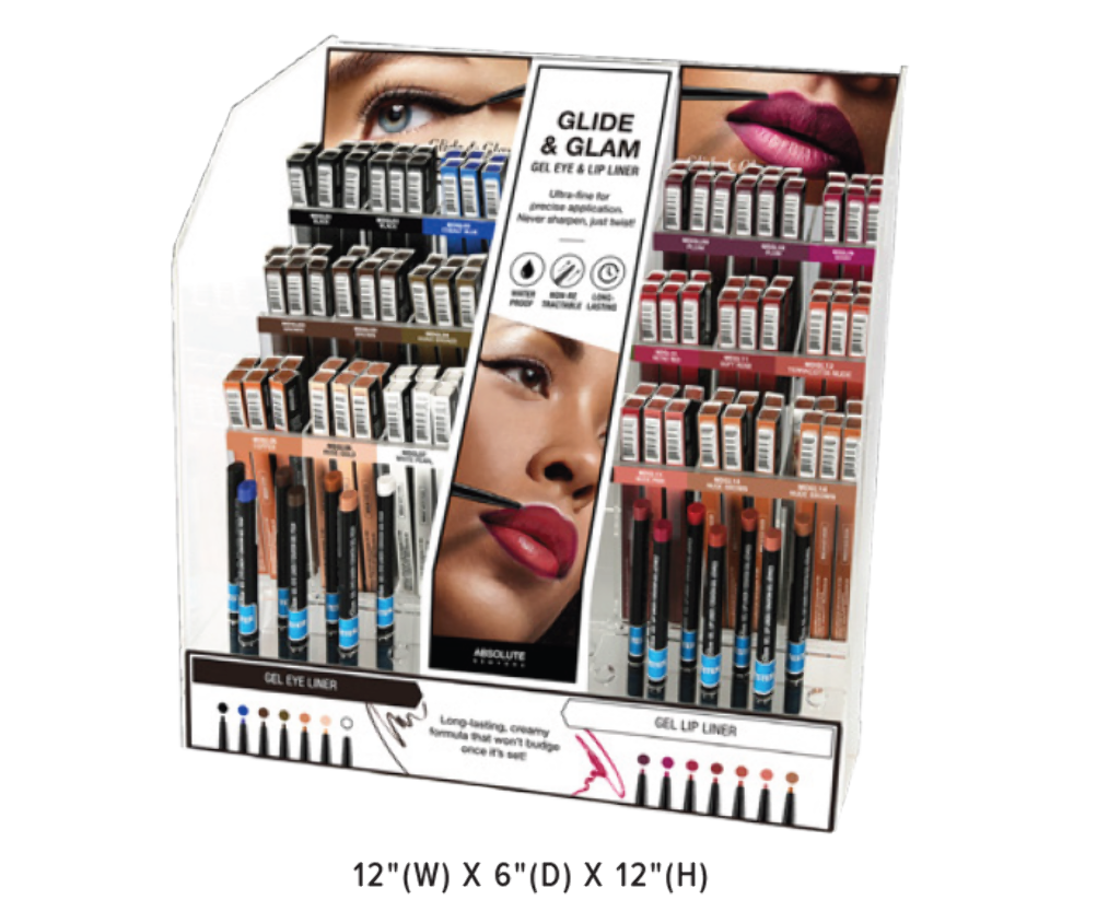 ABNY - GLIDE & GLAM GEL LINER [EYELINER & LIPLINER] FULL SET (14SKUS, 6PCS/SKU + EXTRA 6PCS FOR 4SKUS, TOTAL 108PCS + FREE TESTERS) w/ ACRYLIC DISPLAY