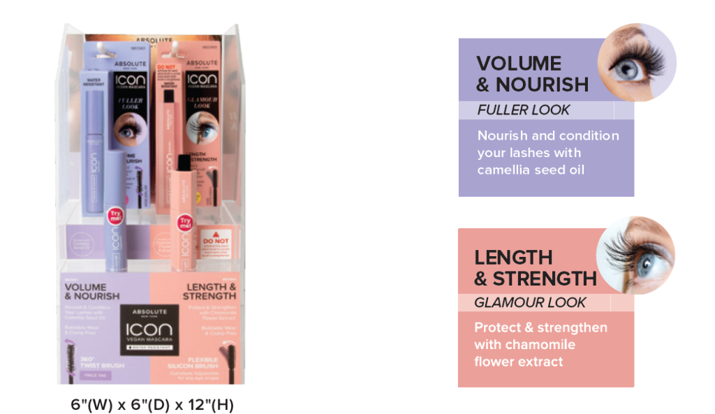 ABNY - ICON VEGAN MASCARA FULL SET (2SKU, 6PCS/SKU, 12PCS TOTAL + FREE TESTERS) w/ ACRYLIC DISPLAY