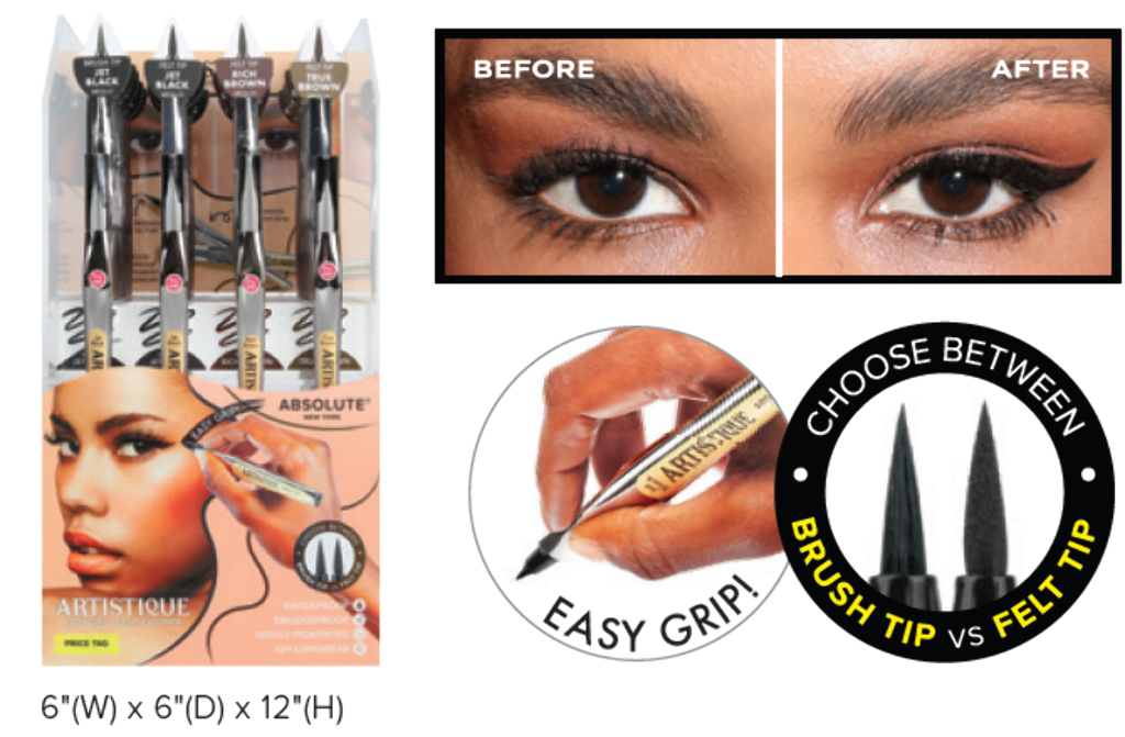 ABNY - ARTISTIQUE EASY GRIP LIQUID EYELINER FULL SET (4SKUS, 6PCS/SKU, 24PCS TOTAL + FREE TESTERS) w/ ACRYLIC DISPLAY