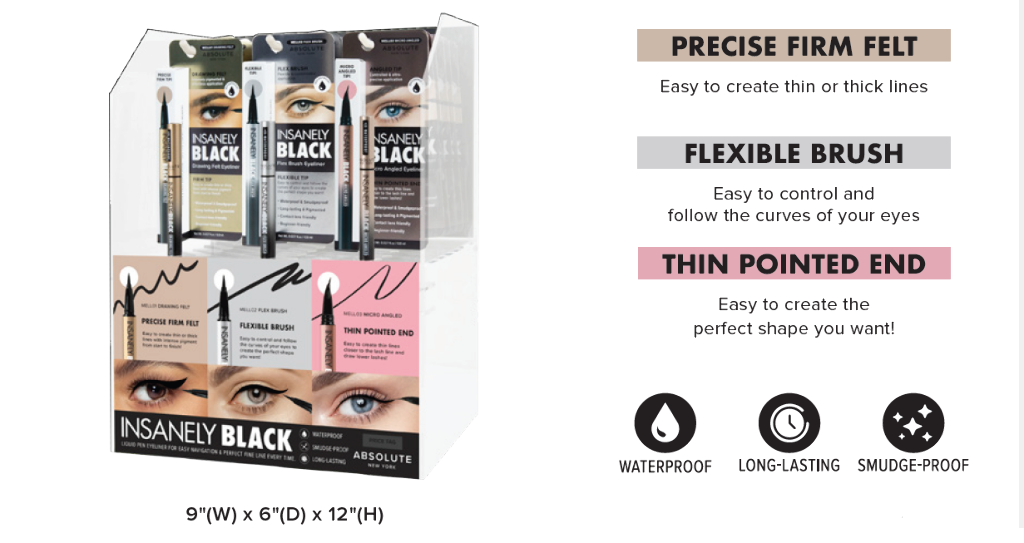 ABNY - INSANELY BLACK PEN EYELINER FULL SET (3SKUS, 6PCS/SKU, 18PCS TOTAL + FREE TESTERS) w/ ACRYLIC DISPLAY