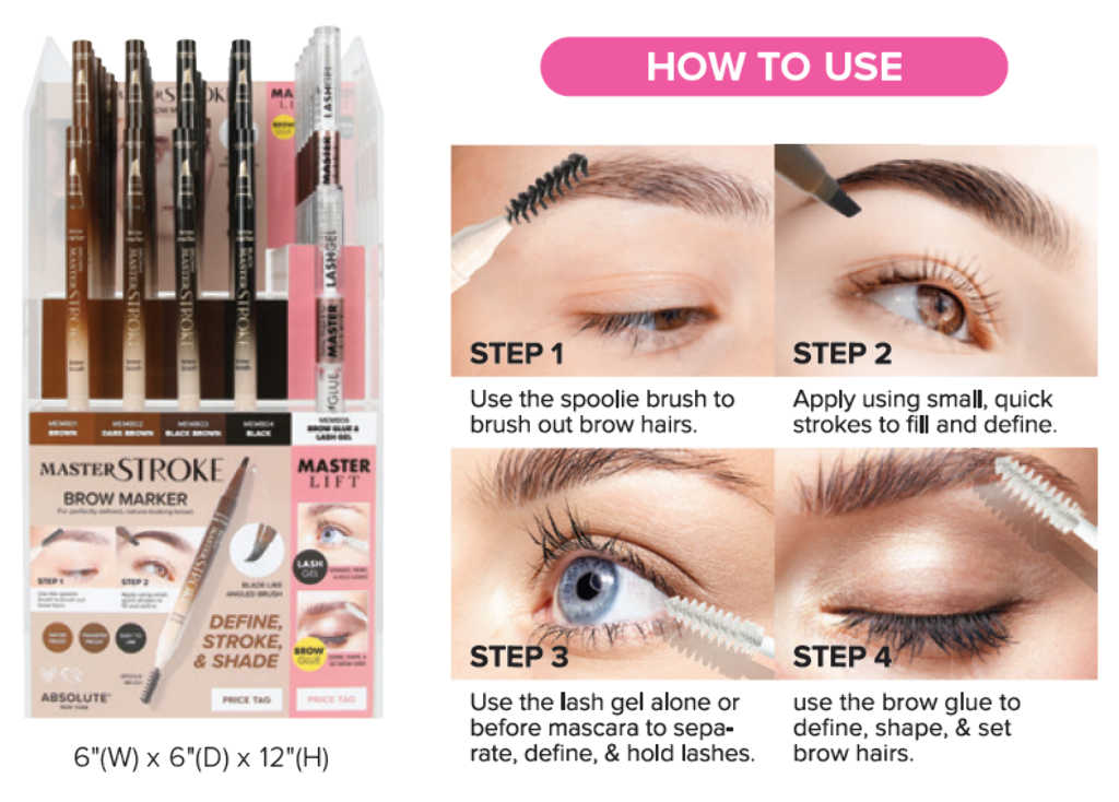 ABNY - MASTER STROKE BROW MARKER, GEL & GLUE FULL SET (5SKUS, 6PCS/SKU, 30PCS TOTAL + FREE TESTERS) w/ ACRYLIC DISPLAY