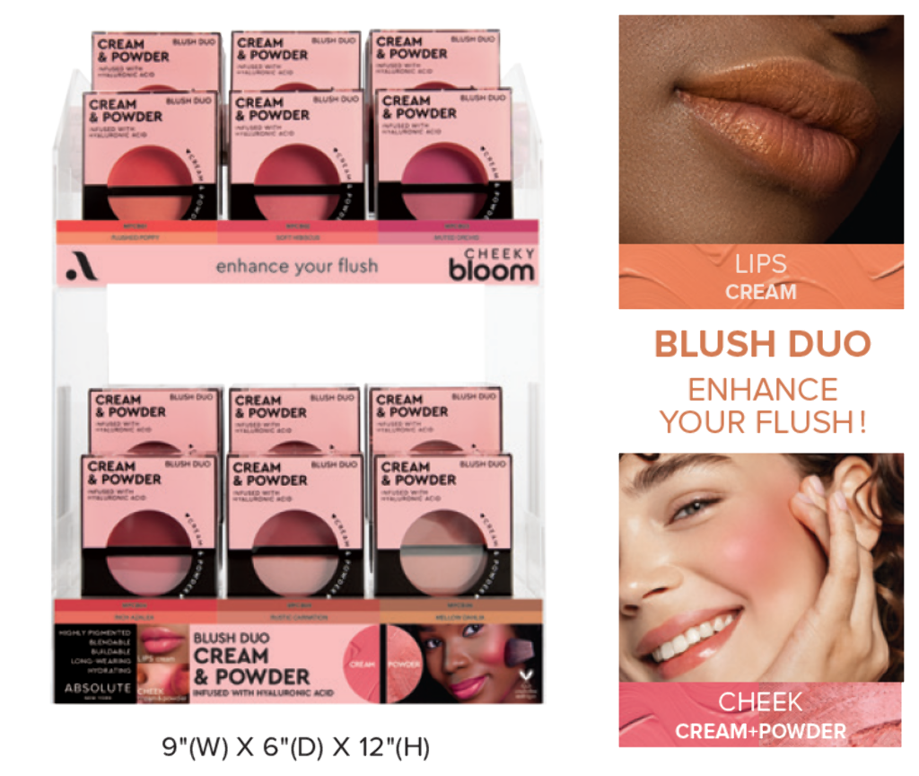 ABNY - CHEEKY BLOOM CREAM & POWDER BLUSH DUOS FULL SET (6SKUS, 6PCS/SKU, 36PCS TOTAL) w/ ACRYLIC DISPLAY