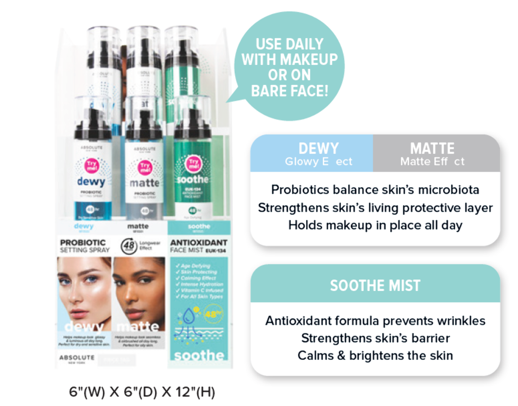 ABNY - SETTING SPRAY & FACE MIST [DEWY, MATTE, SOOTHE] FULL SET (3SKUS, 3PCS/SKU, 9PCS TOTAL) w/ ACRYLIC DISPLAY