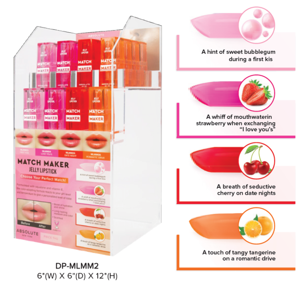 ABNY - MATCH MAKER JELLY LIPSTICK FULL SET (4SKUS, 6PCS/SKU, 24PCS TOTAL w/ FREE TESTERS) w/ ACRYLIC DISPLAY