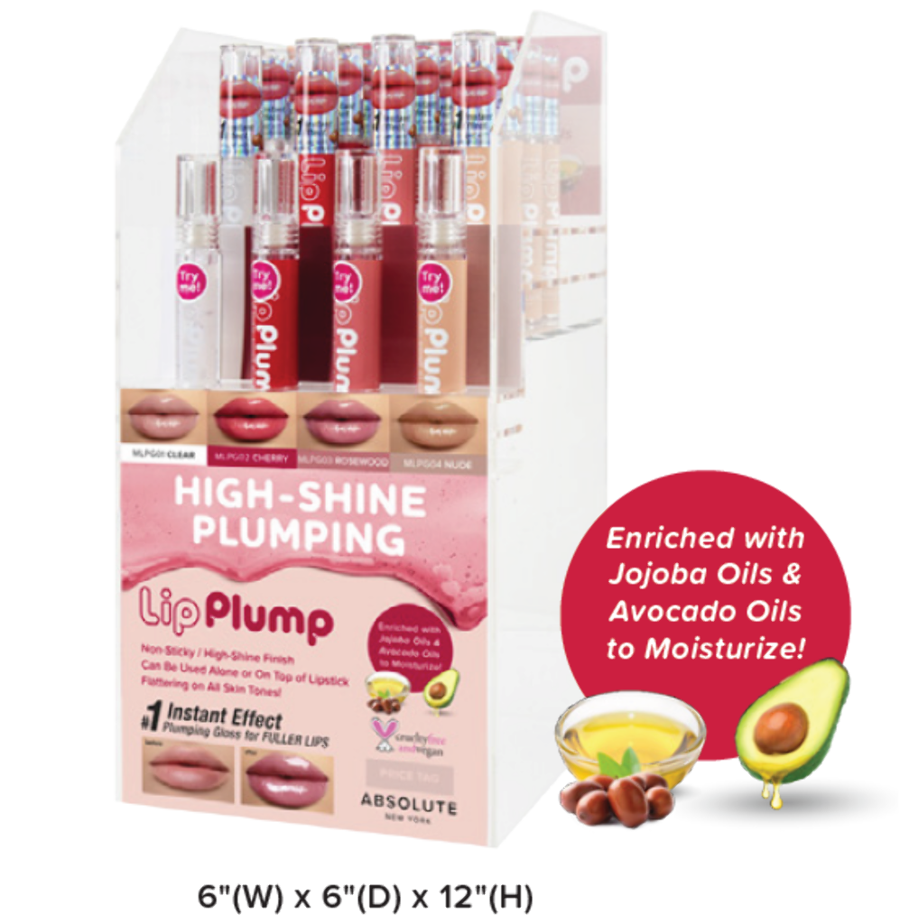 ABNY - LIP HIGH-SHINE PLUMPING GLOSS FULL SET (4SKUS, 6PCS/SKU, 24PCS TOTAL + FREE TESTERS) w/ ACRYLIC DISPLAY