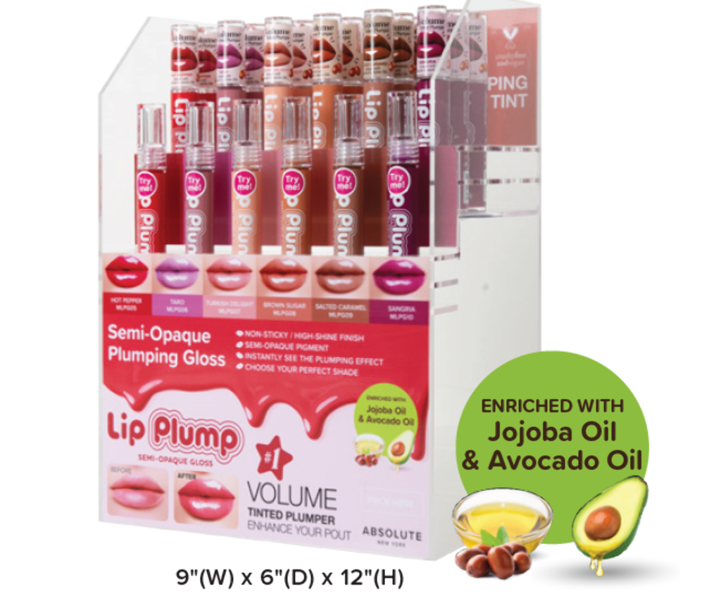 ABNY - LIP SEMI-OPAQUE PLUMPING GLOSS FULL SET (6SKUS, 6PCS/SKU, 36PCS TOTAL + FREE TESTERS) w/ ACRYLIC DISPLAY