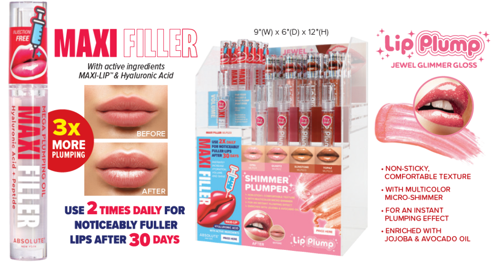 ABNY - LIP JEWEL GLIMMER & MAXI FILLER PLUMPING GLOSS FULL SET (5SKUS, 6PCS/SKU, 30PCS TOTAL + FREE TESTERS) w/ ACRYLIC DISPLAY