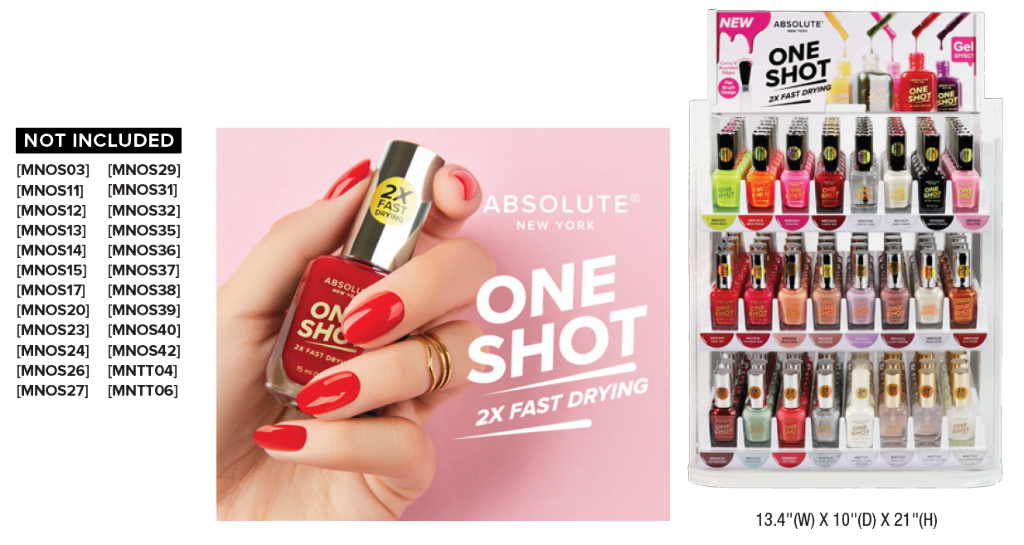 ABNY - ONE SHOT NAIL POLISH FULL SET (24SKU, 6PCS/SKU, 144PCS TOTAL) w/ METAL DISPLAY