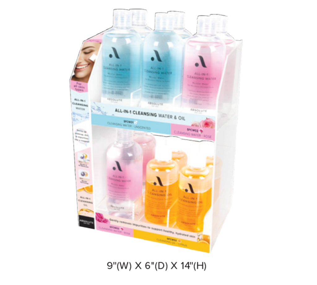 ABNY - ALL-IN-1 CLEANSING WATER & OIL FULL SET (3SKUS, 3PCS/SKU, 9PCS TOTAL) w/ ACRYLIC DISPLAY