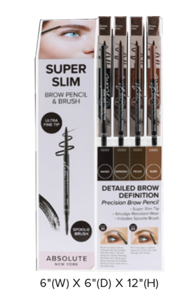 ABNY - SUPER SLIM BROW PENCIL FULL SET (4SKUS, 6PCS/SKU, 24PCS TOTAL) w/ ACRYLIC DISPLAY