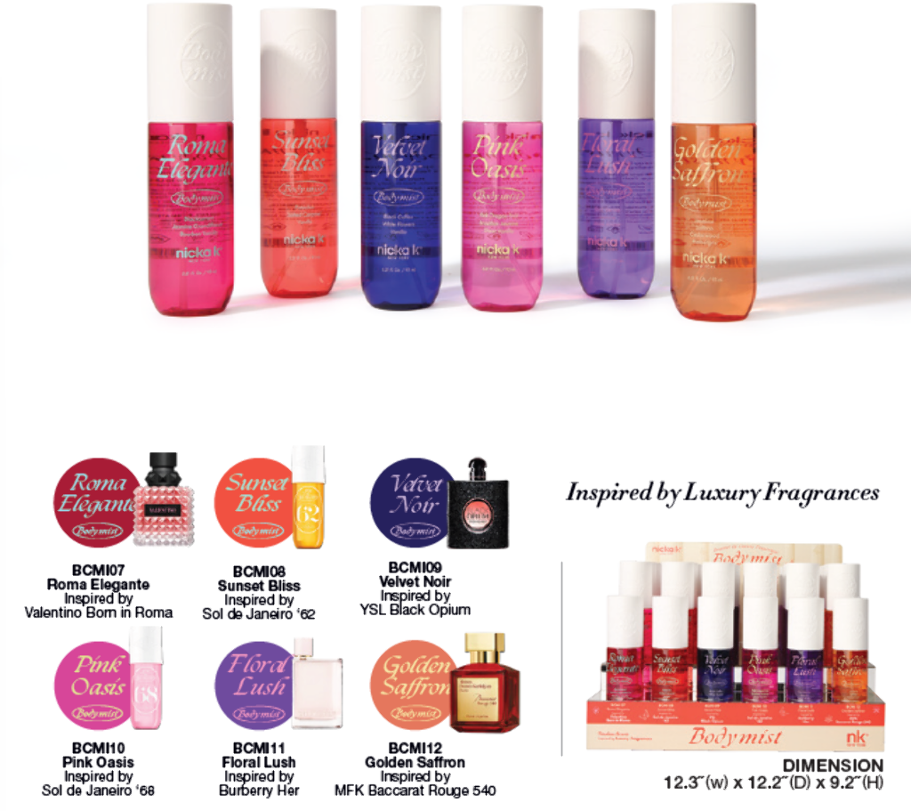 NK - BODY MIST - TIMELESS SCENTS INSPIRED BY LUXURY FRAGRANCES (6SKUS, 6PCS/SKU, 36PCS TOTAL + FREE TESTERS) w/ ACRYLIC DISPLAY